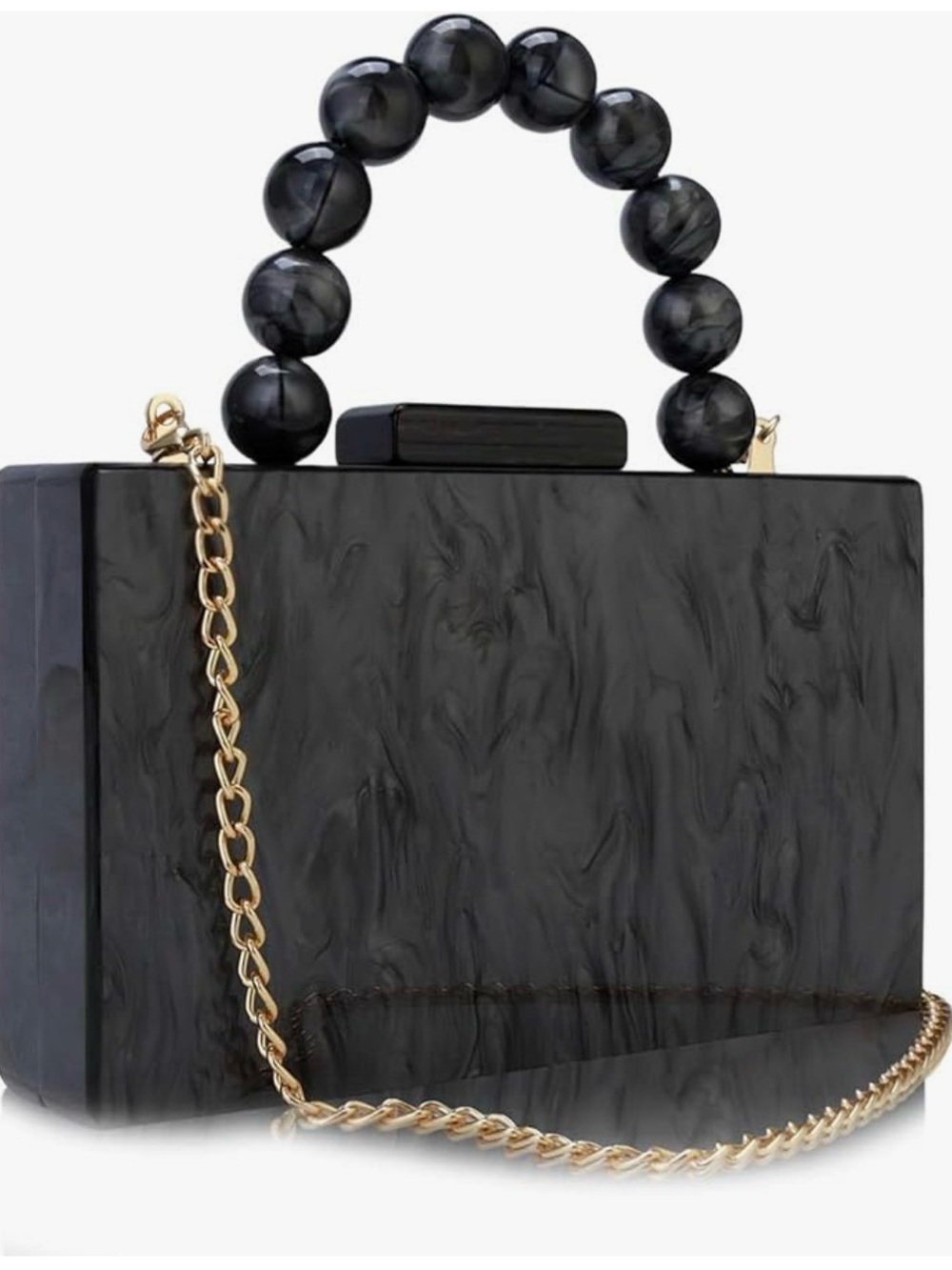 NEW Black Marbled Acrylic Beaded Handle Box Clutch with Gold Chain